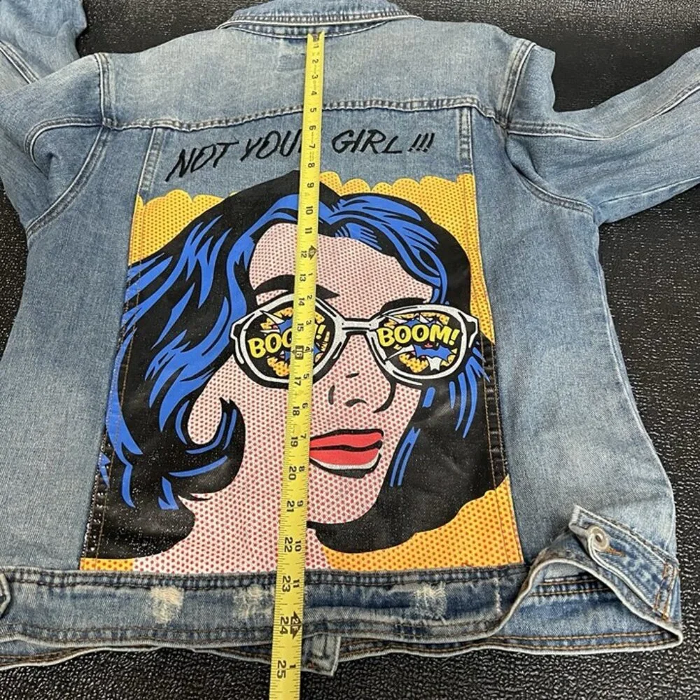 Boom Boom Jean‎ Jacket Sz M Not Your Girl Graphic Denim Distressed Pop Art Comic